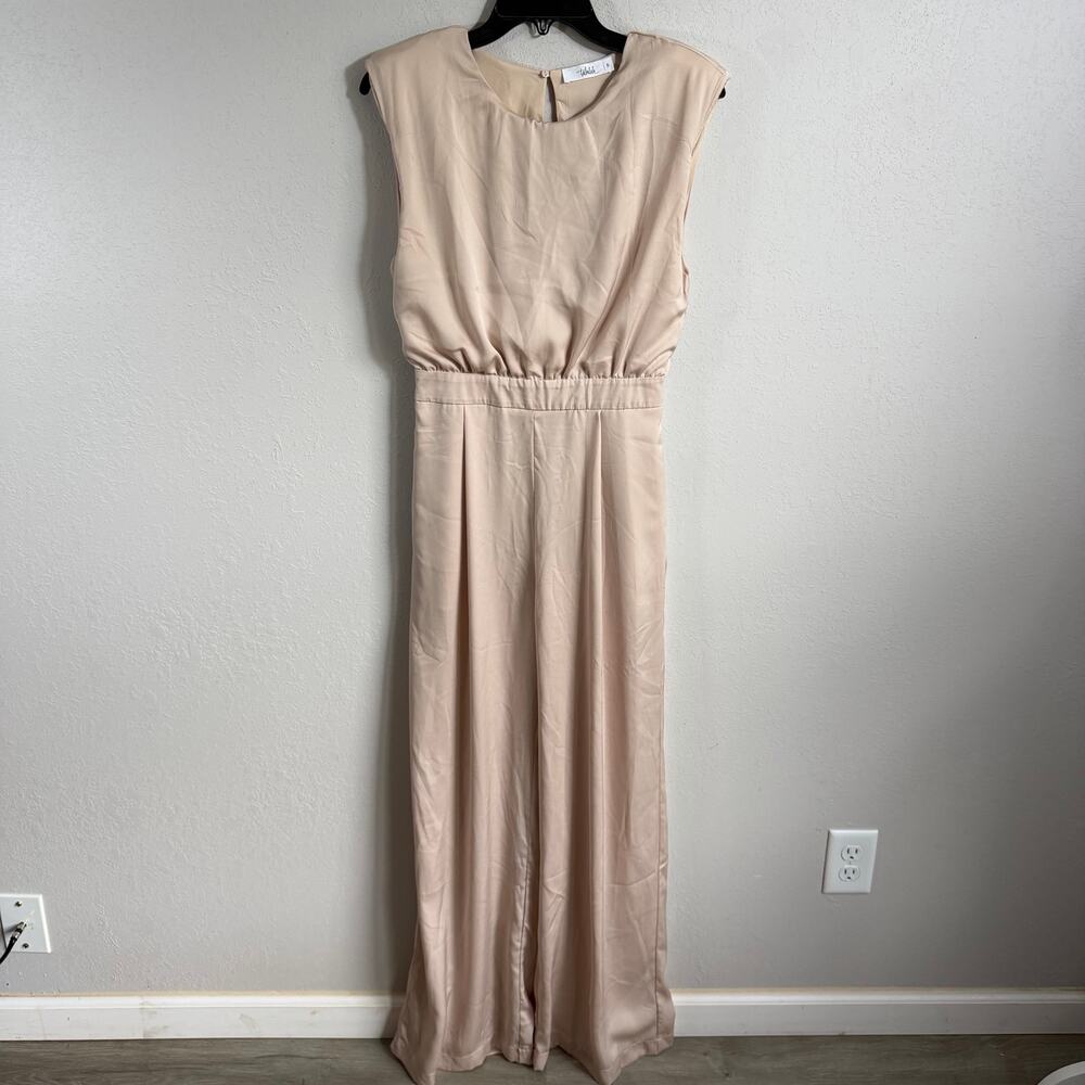Talulah Champagne Satin Sleeveless Jumpsuit Keyhole Back Wide Leg Preppy Women S